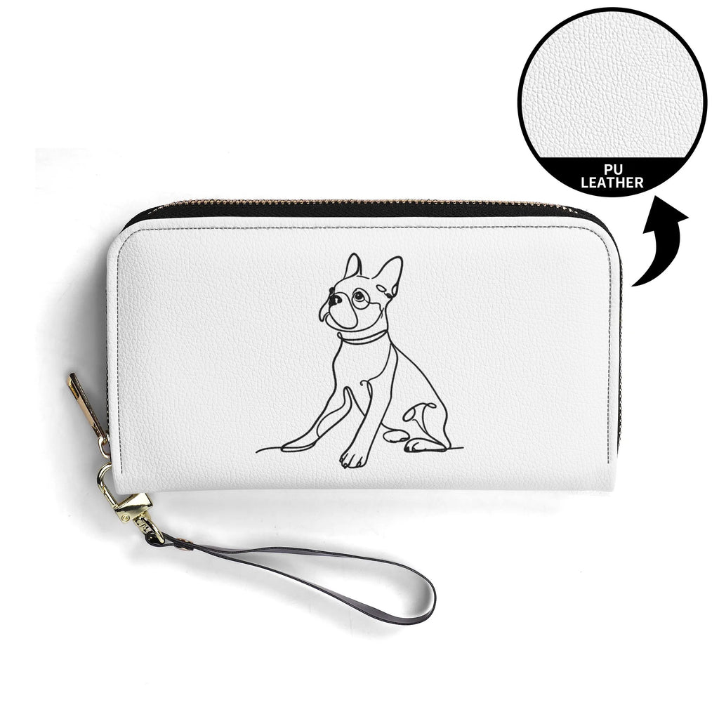 Line Drawn Boston Terrier Dog PU Leather Wallet for Women - White