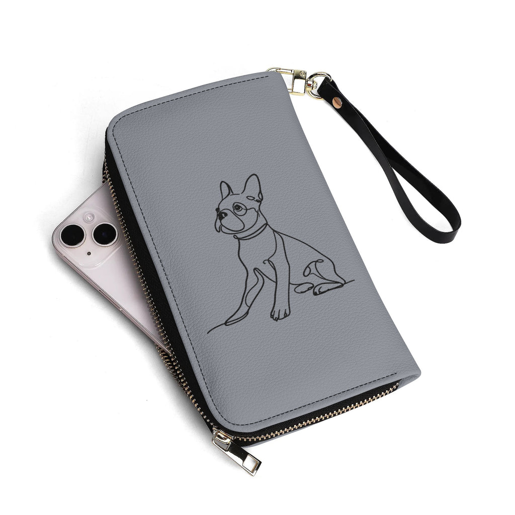 Line Drawn Boston Terrier Dog PU Leather Wallet for Women - Gray