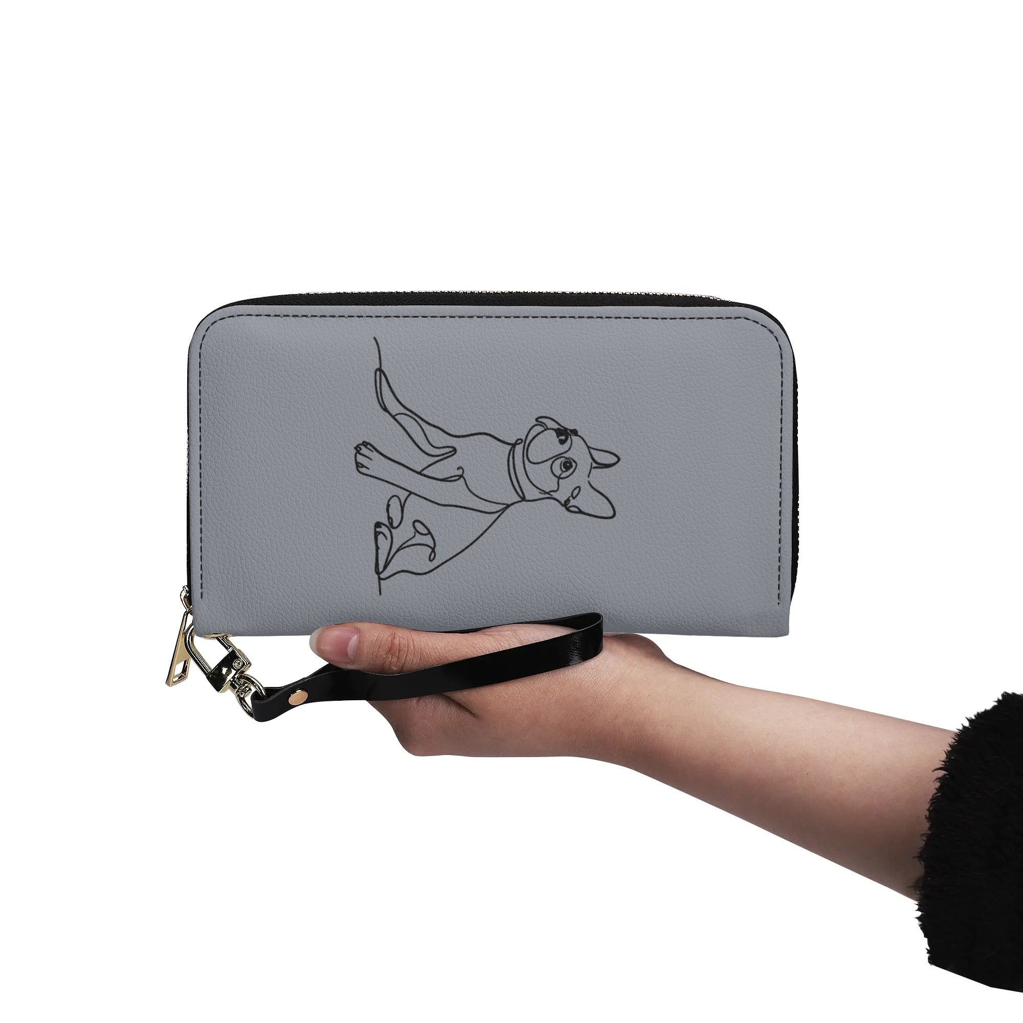 Line Drawn Boston Terrier Dog PU Leather Wallet for Women - Gray