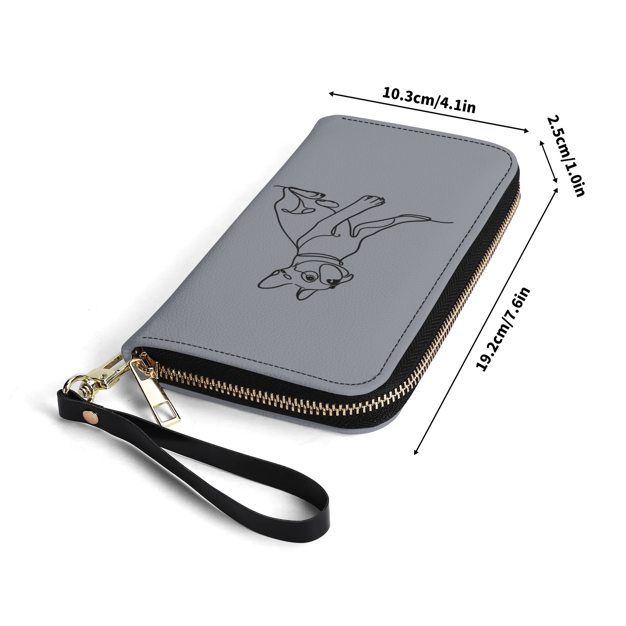 Line Drawn Boston Terrier Dog PU Leather Wallet for Women - Gray