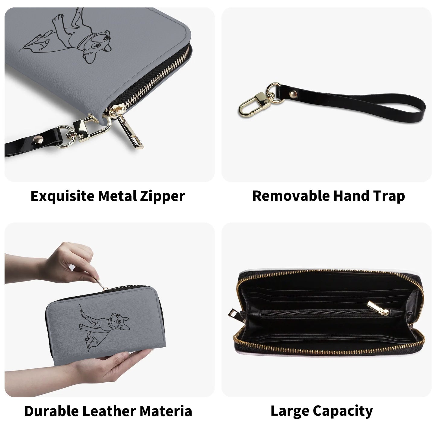 Line Drawn Boston Terrier Dog PU Leather Wallet for Women - Gray