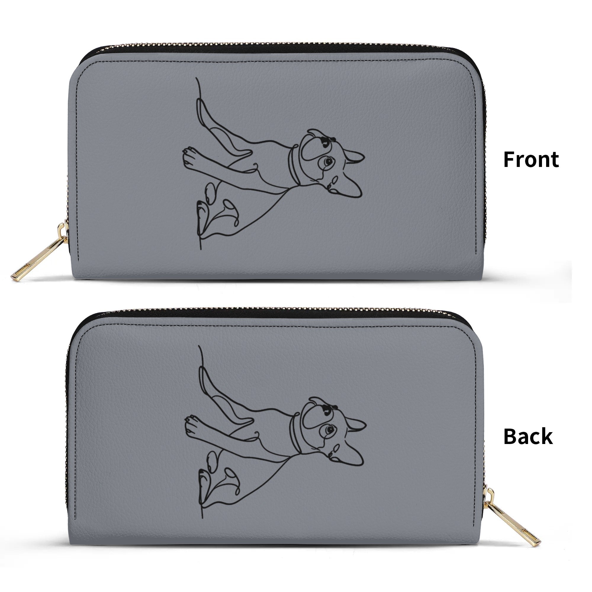 Line Drawn Boston Terrier Dog PU Leather Wallet for Women - Gray