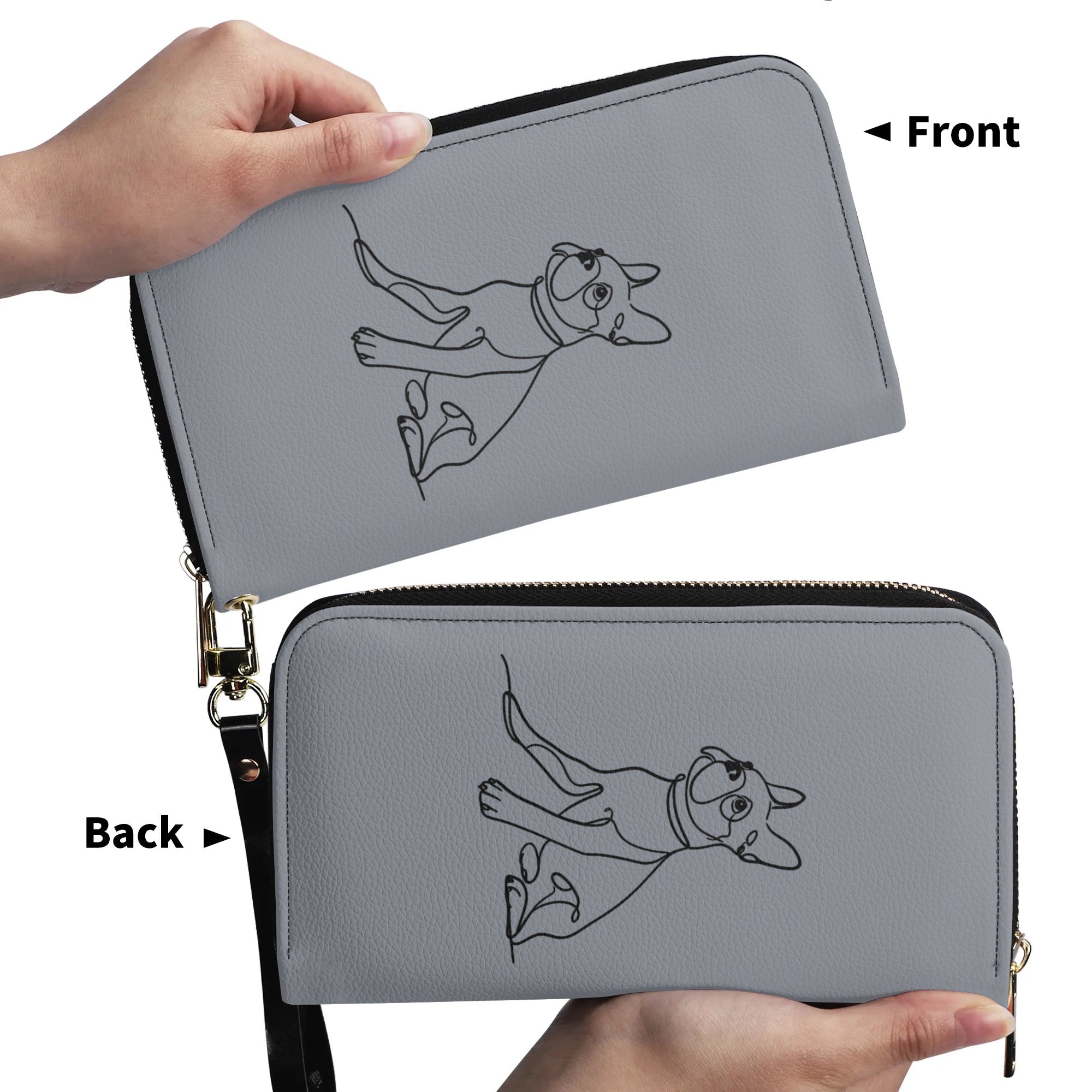 Line Drawn Boston Terrier Dog PU Leather Wallet for Women - Gray