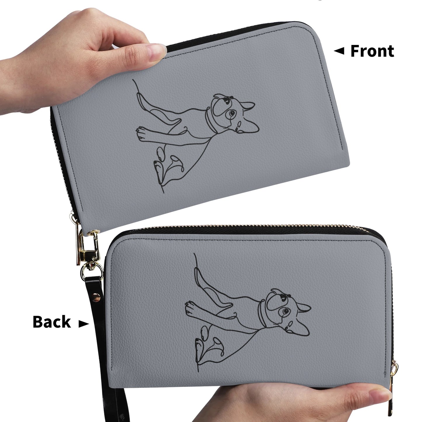 Line Drawn Boston Terrier Dog PU Leather Wallet for Women - Gray