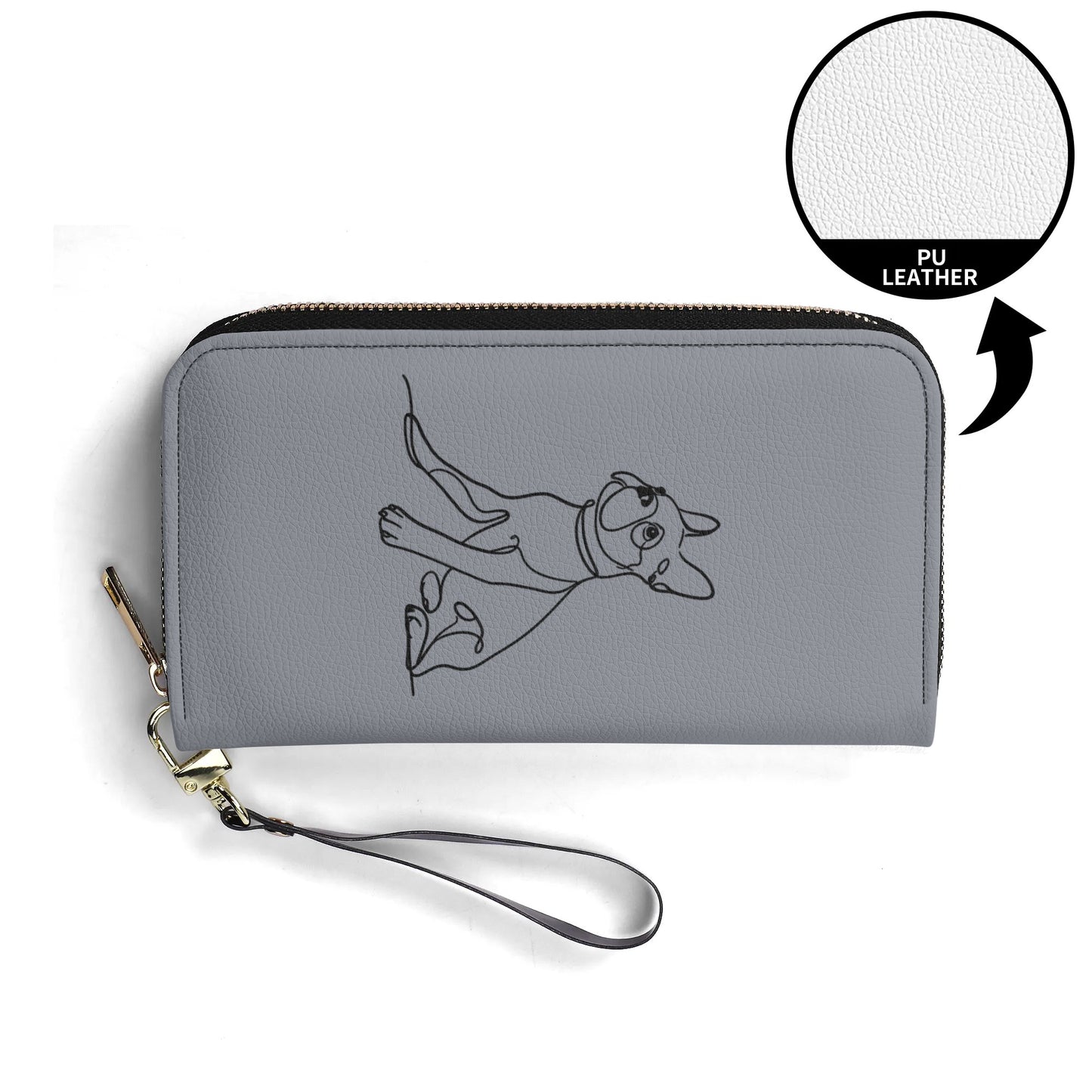 Line Drawn Boston Terrier Dog PU Leather Wallet for Women - Gray
