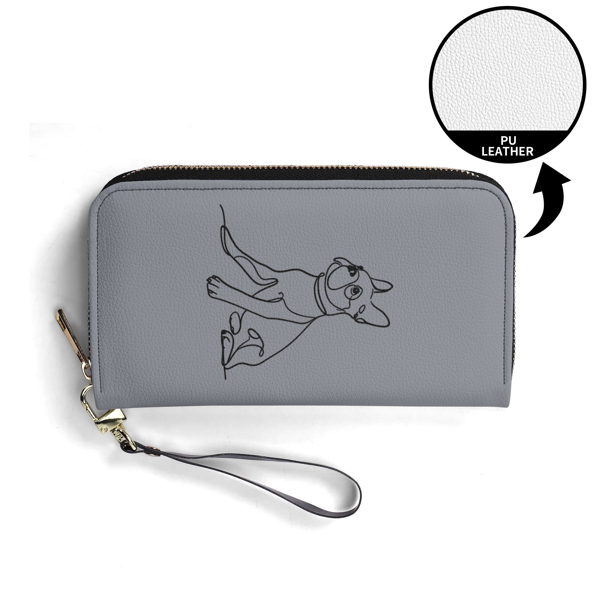 Line Drawn Boston Terrier Dog PU Leather Wallet for Women - Gray
