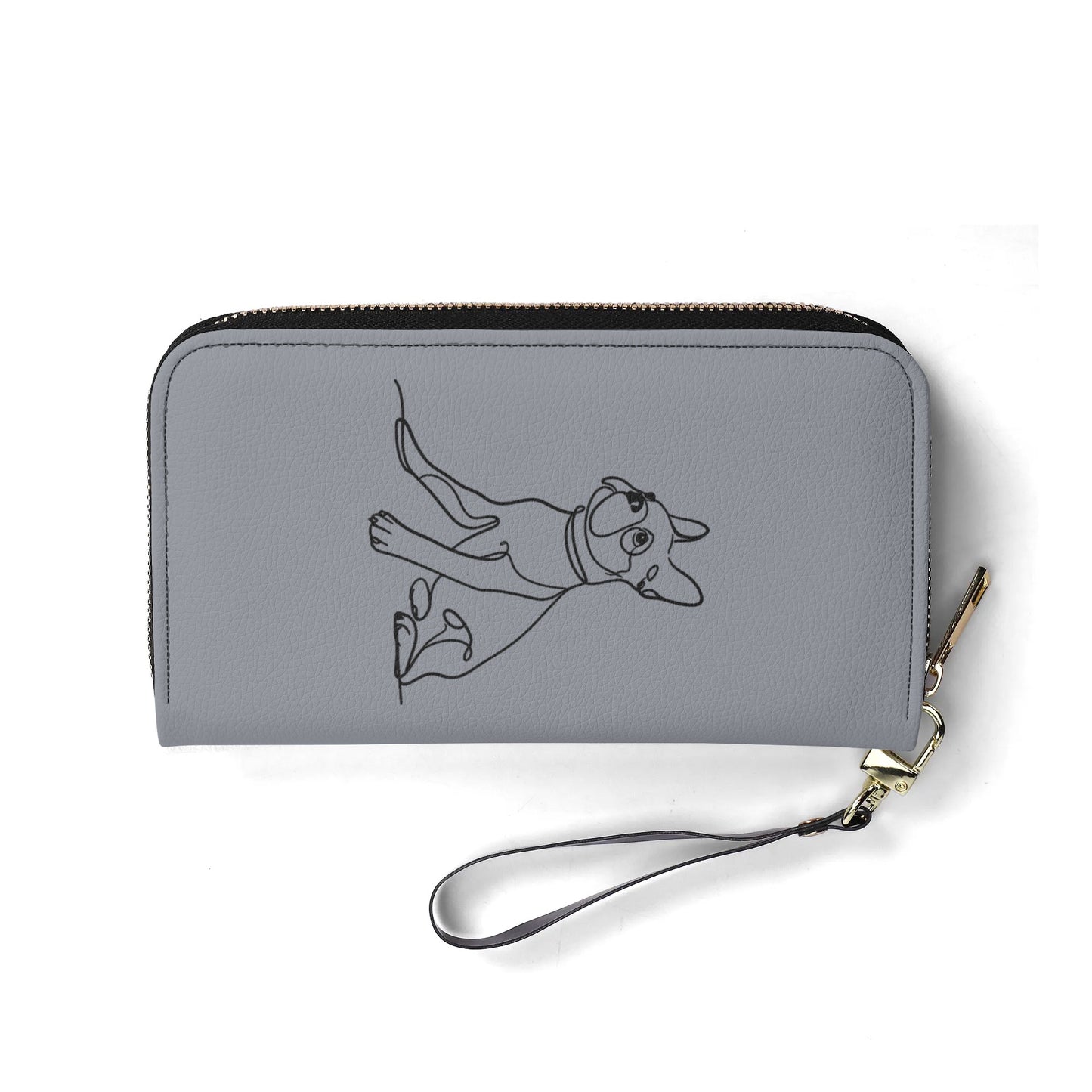 Line Drawn Boston Terrier Dog PU Leather Wallet for Women - Gray