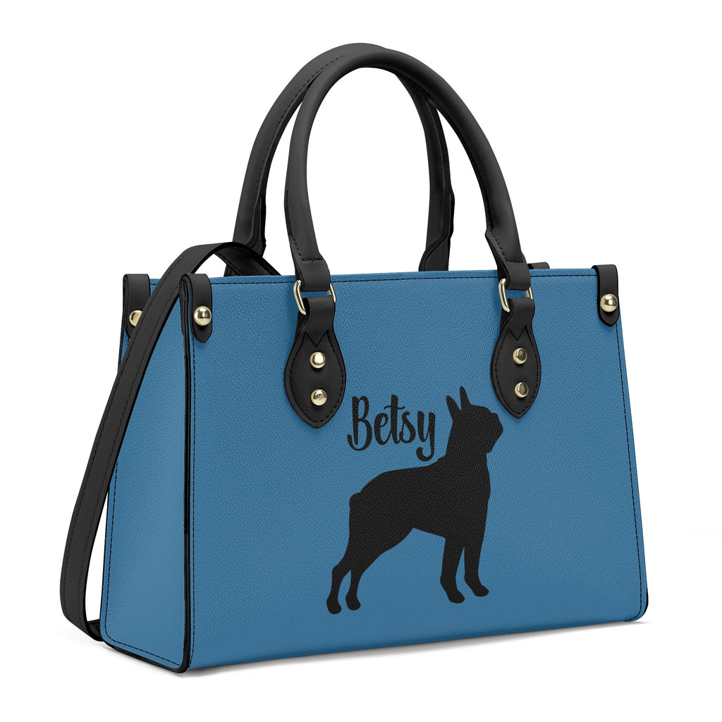 Custom Boston Terrier Name with Silhouette Women PU Leather Handbag With Shoulder Strap - Ocean Blue