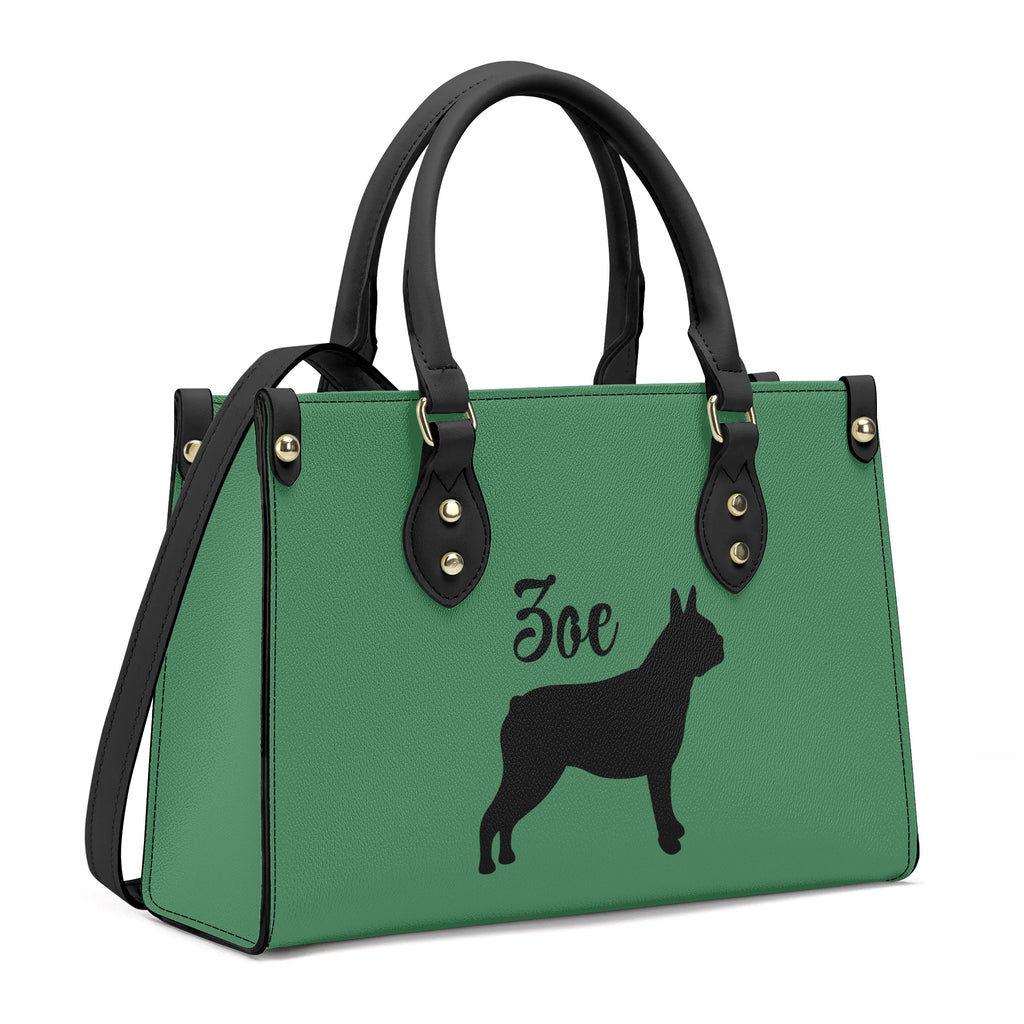 Custom Name with Boston Terrier Silhouette Women PU Leather Handbag with Shoulder Strap - Green