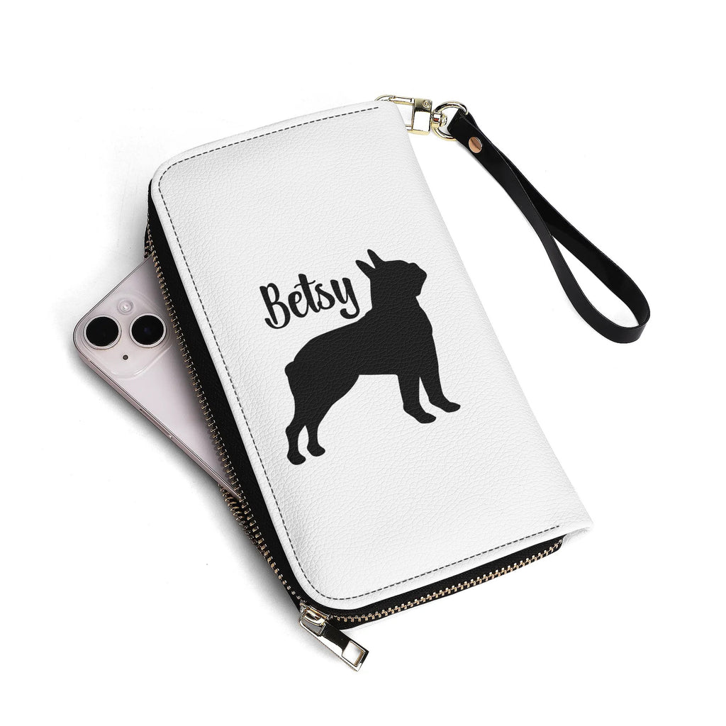 Custom Name with Boston Terrier Silhouette PU Leather Wallet for Women - White