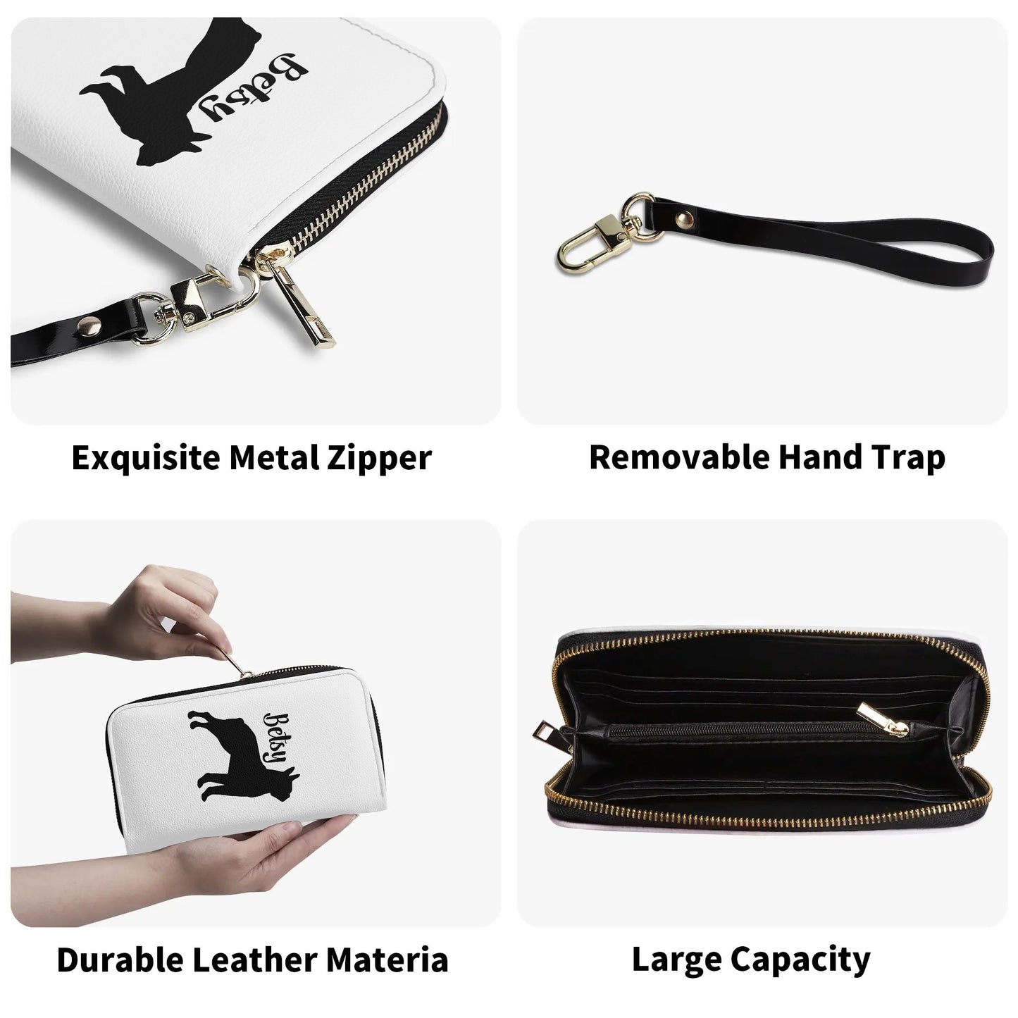 Custom Name with Boston Terrier Silhouette PU Leather Wallet for Women - White