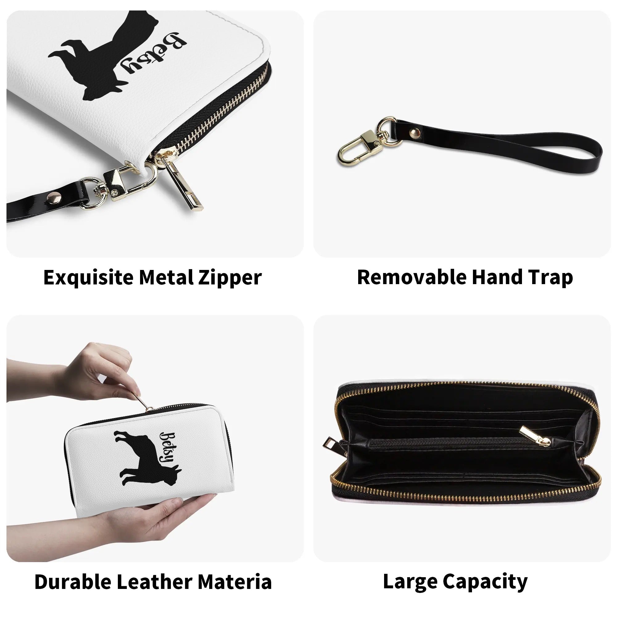 Custom Name with Boston Terrier Silhouette PU Leather Wallet for Women - White