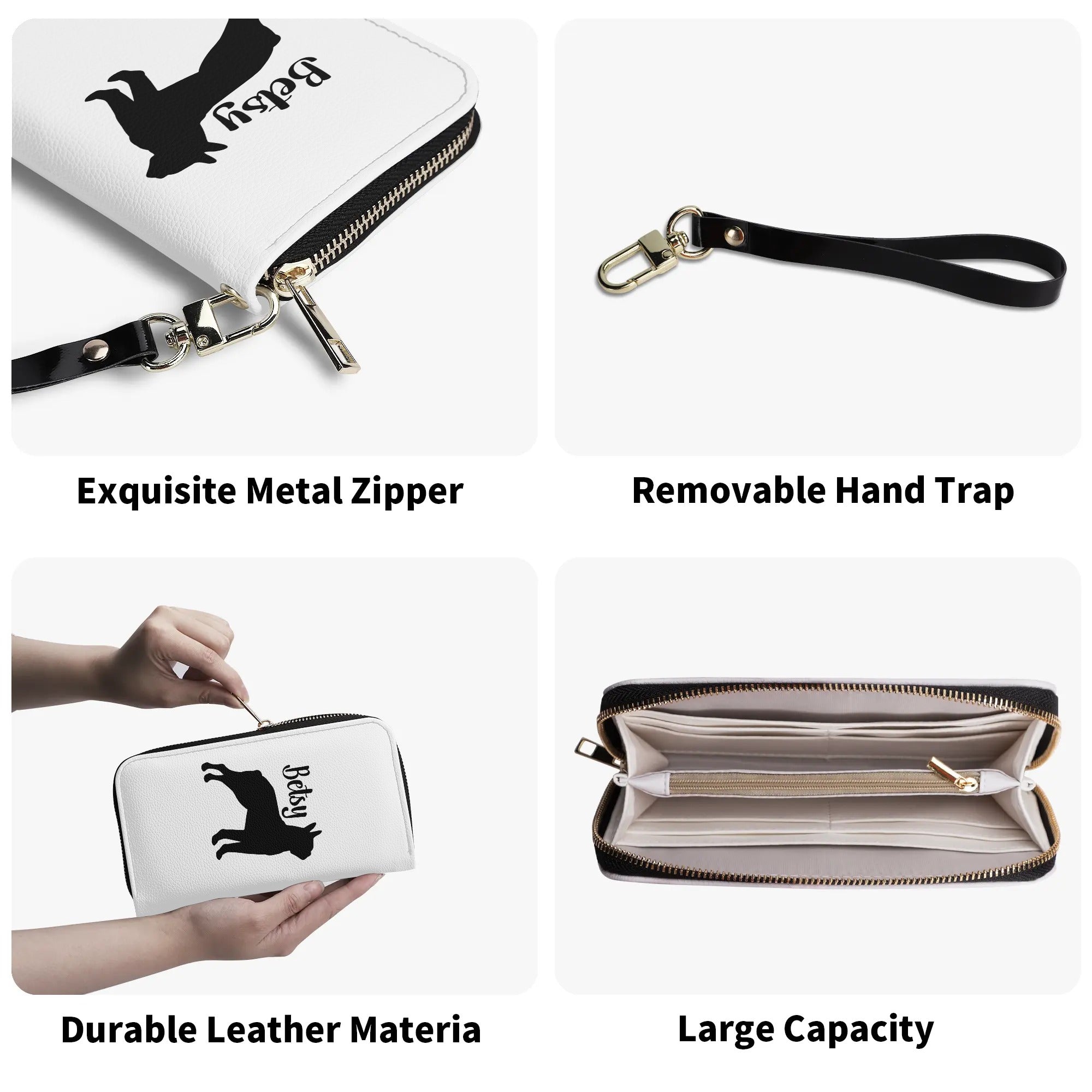 Custom Name with Boston Terrier Silhouette PU Leather Wallet for Women - White