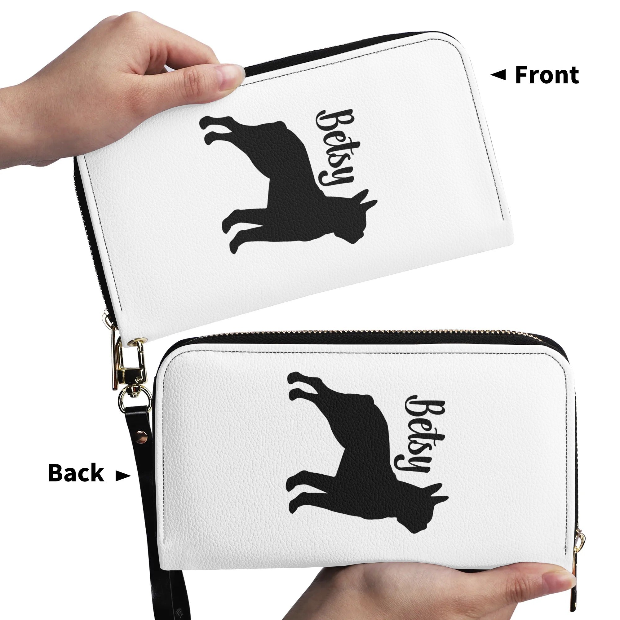 Custom Name with Boston Terrier Silhouette PU Leather Wallet for Women - White