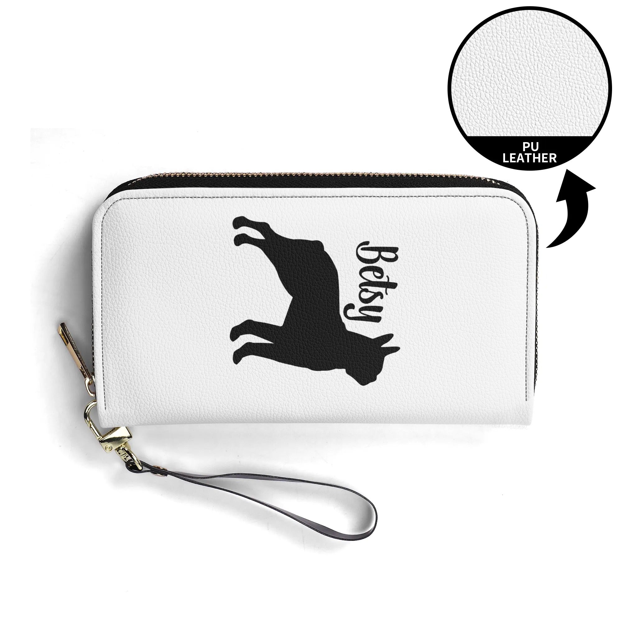 Custom Name with Boston Terrier Silhouette PU Leather Wallet for Women - White