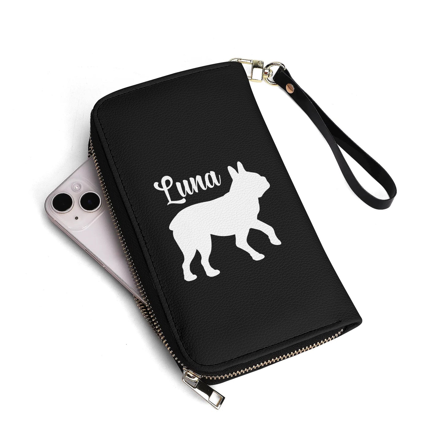 Custom Name with Boston Terrier Silhouette PU Leather Wallet for Women - Black