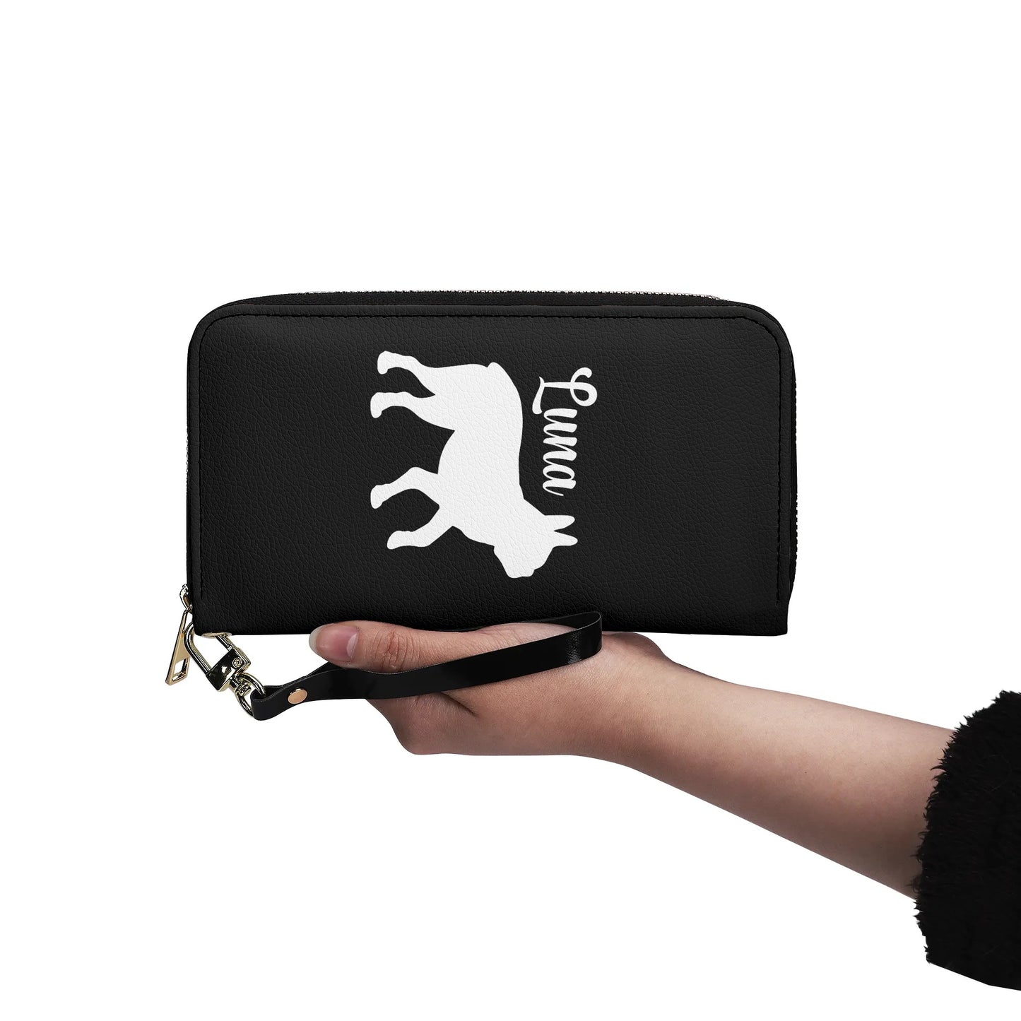 Custom Name with Boston Terrier Silhouette PU Leather Wallet for Women - Black