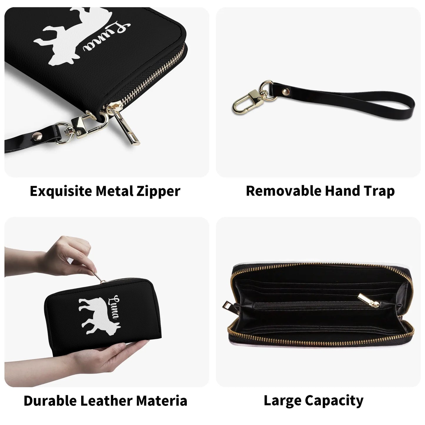 Custom Name with Boston Terrier Silhouette PU Leather Wallet for Women - Black