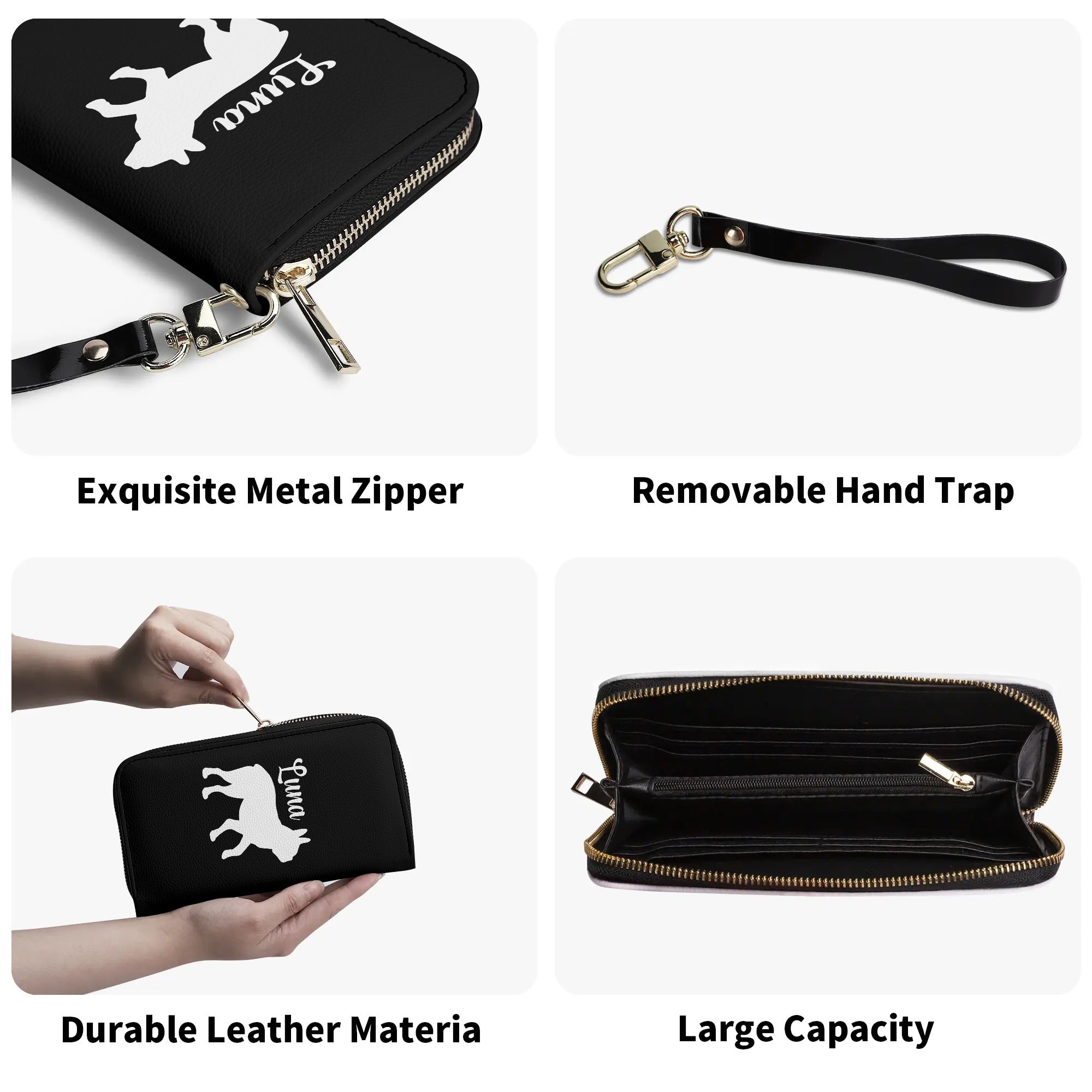 Custom Name with Boston Terrier Silhouette PU Leather Wallet for Women - Black