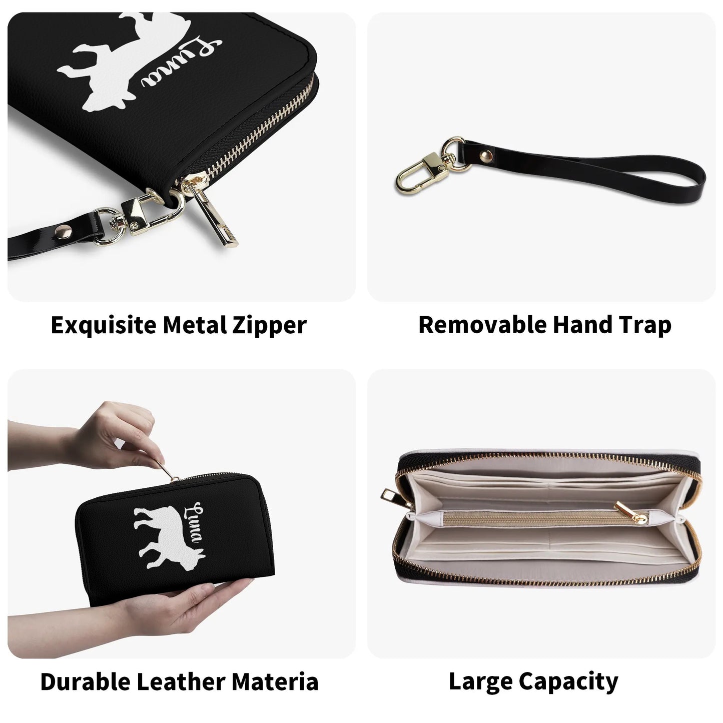 Custom Name with Boston Terrier Silhouette PU Leather Wallet for Women - Black