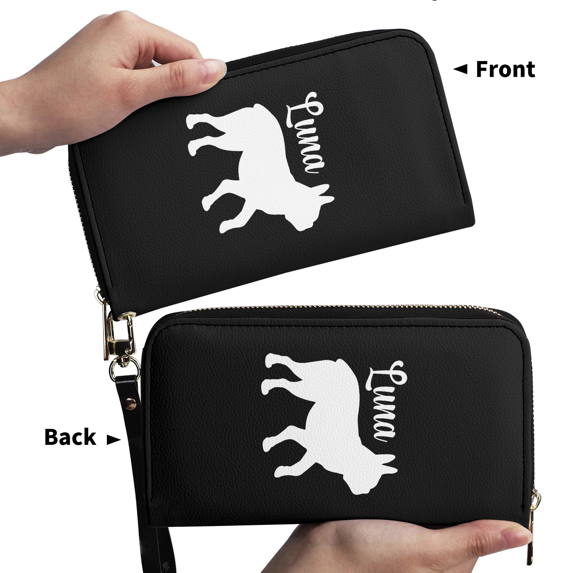 Custom Name with Boston Terrier Silhouette PU Leather Wallet for Women - Black
