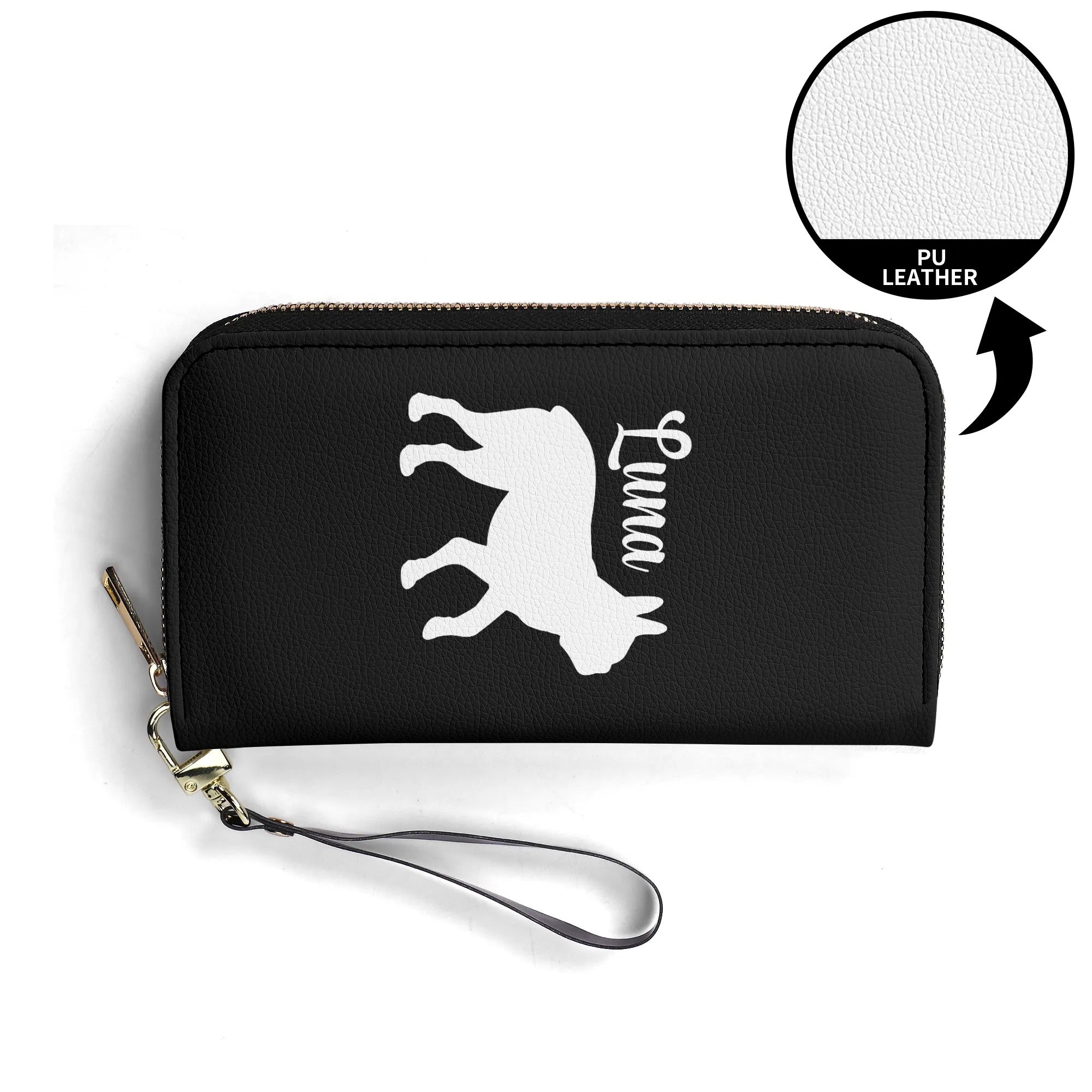 Custom Name with Boston Terrier Silhouette PU Leather Wallet for Women - Black