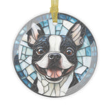 Colorful Geometric Boston Terrier Stained Glass Ornaments - Blue and Joyful