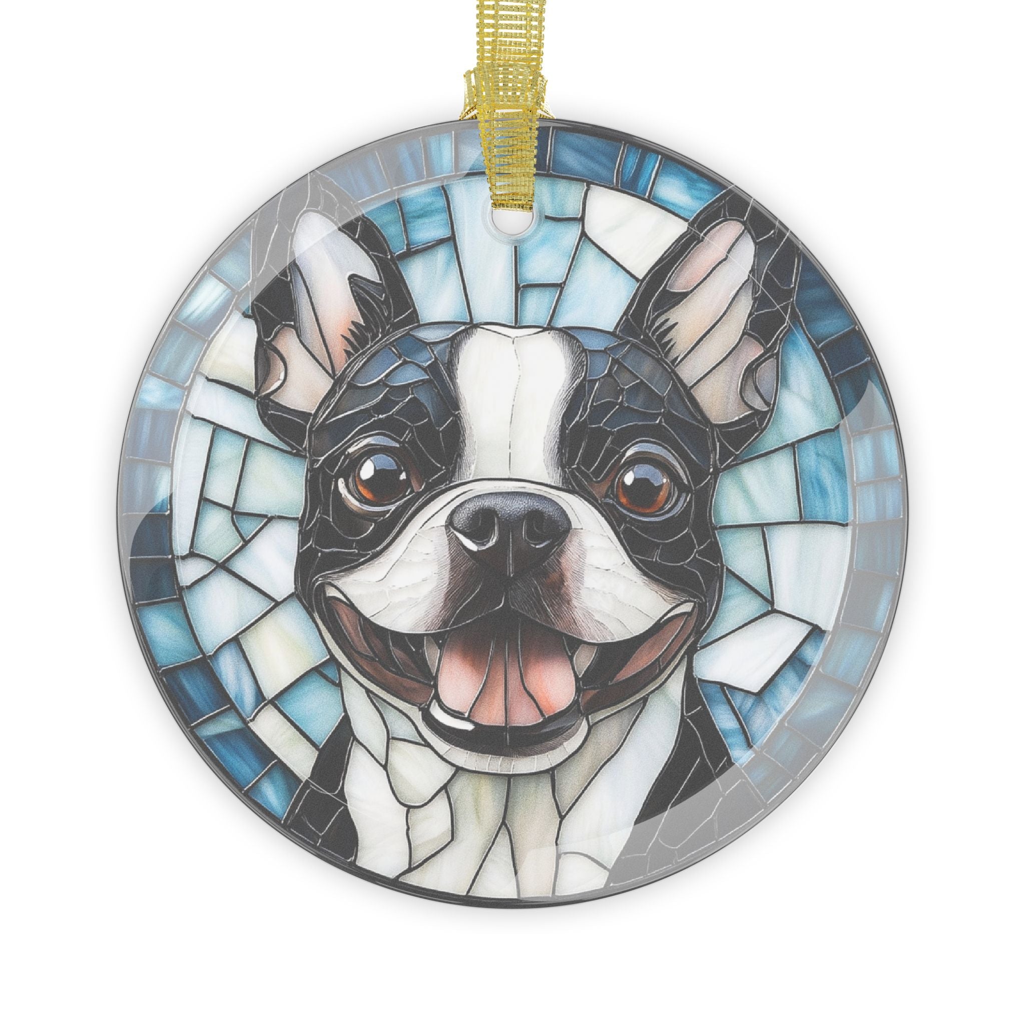 Colorful Geometric Boston Terrier Stained Glass Ornaments - Blue and Joyful