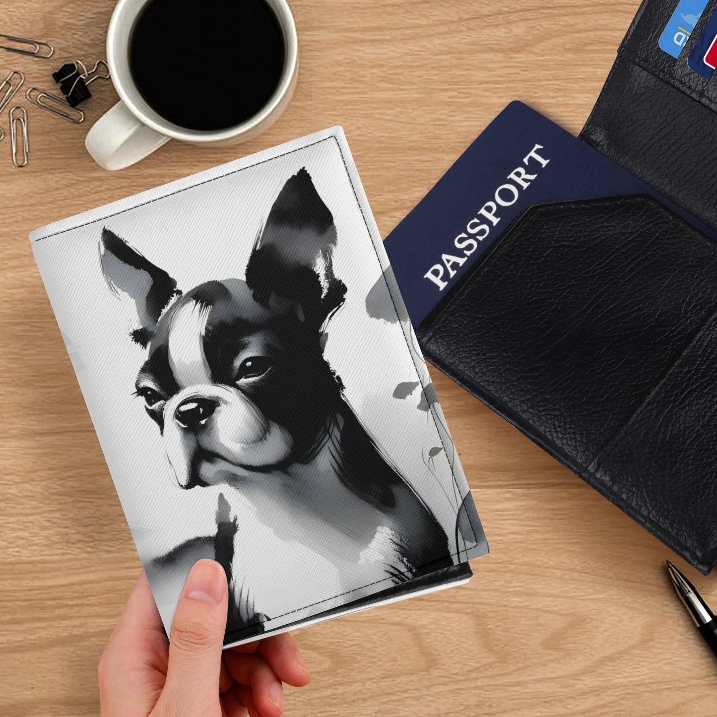 Japanese-Inspired Ink Wash Painting PU Leather Passport Case Business Name ID Card Holder