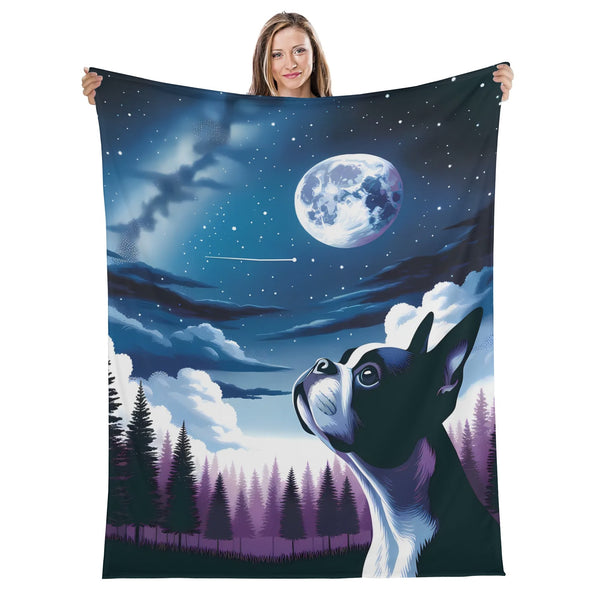 Boston Terrier Dog Gazing At The Starry Night Sky Flannel Blanket