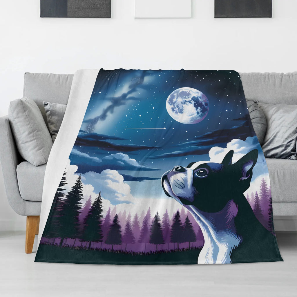 Boston Terrier Dog Gazing At The Starry Night Sky Flannel Blanket