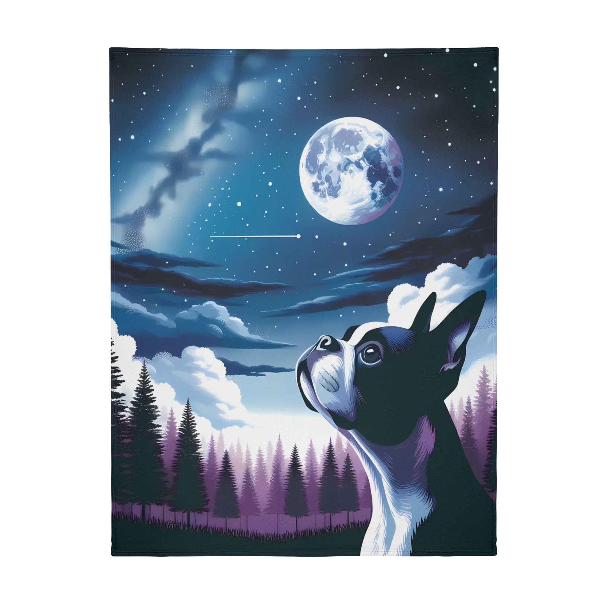 Boston Terrier Dog Gazing At The Starry Night Sky Flannel Blanket