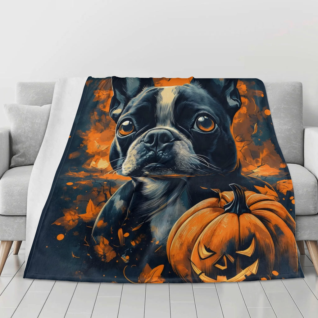 Halloween Pumpkin Boston Terrier Dog Flannel Blanket