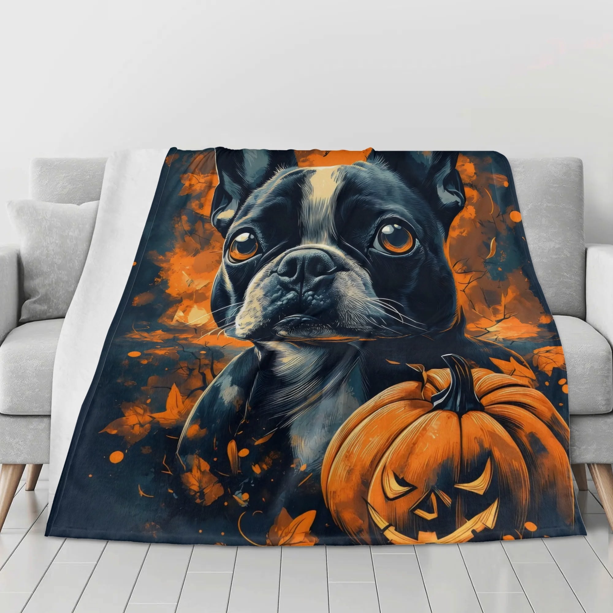 Halloween Pumpkin Boston Terrier Dog Flannel Blanket Boston Terrier World