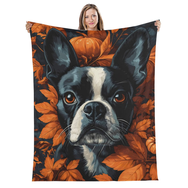 Autumnal Pumpkin Boston Terrier Dog Face Flannel Blanket