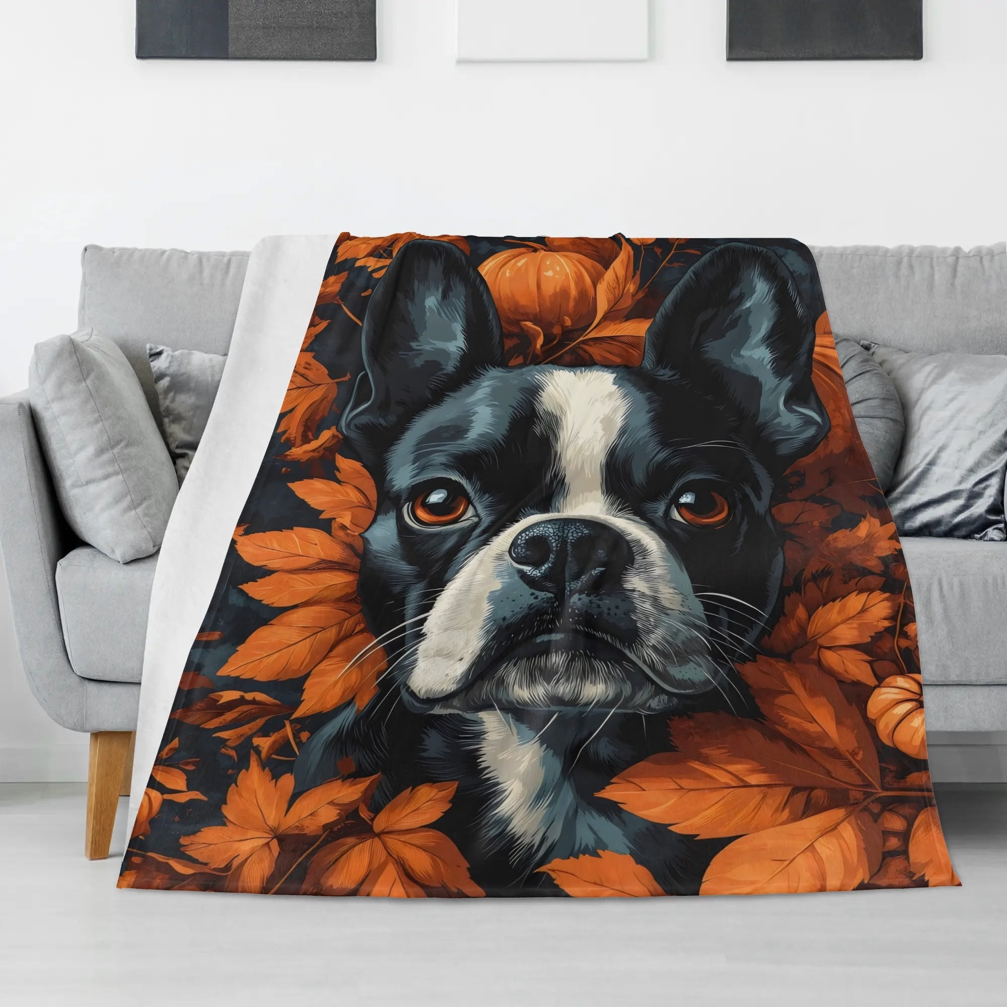 Autumnal Pumpkin Boston Terrier Dog Face Flannel Blanket