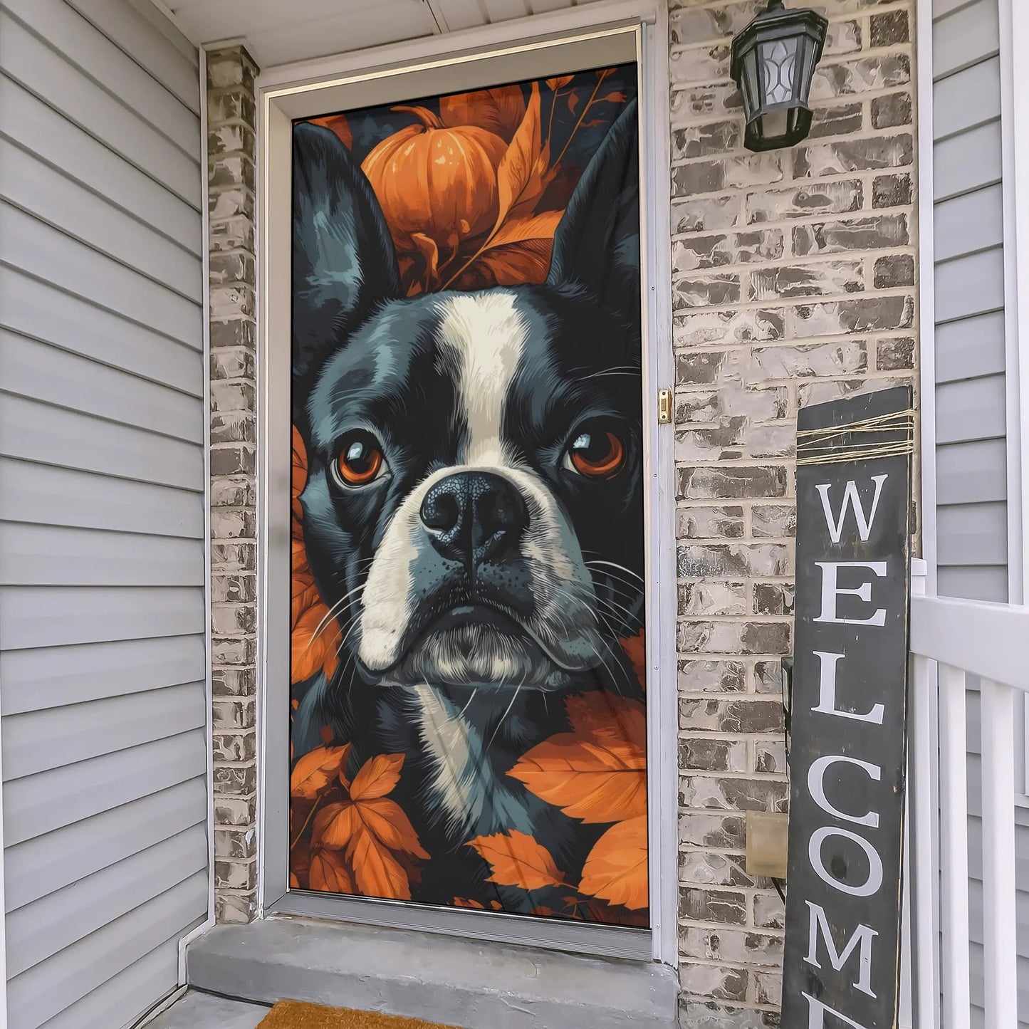 Autumnal Pumpkin Boston Terrier Dog Face Polyester Door Socks
