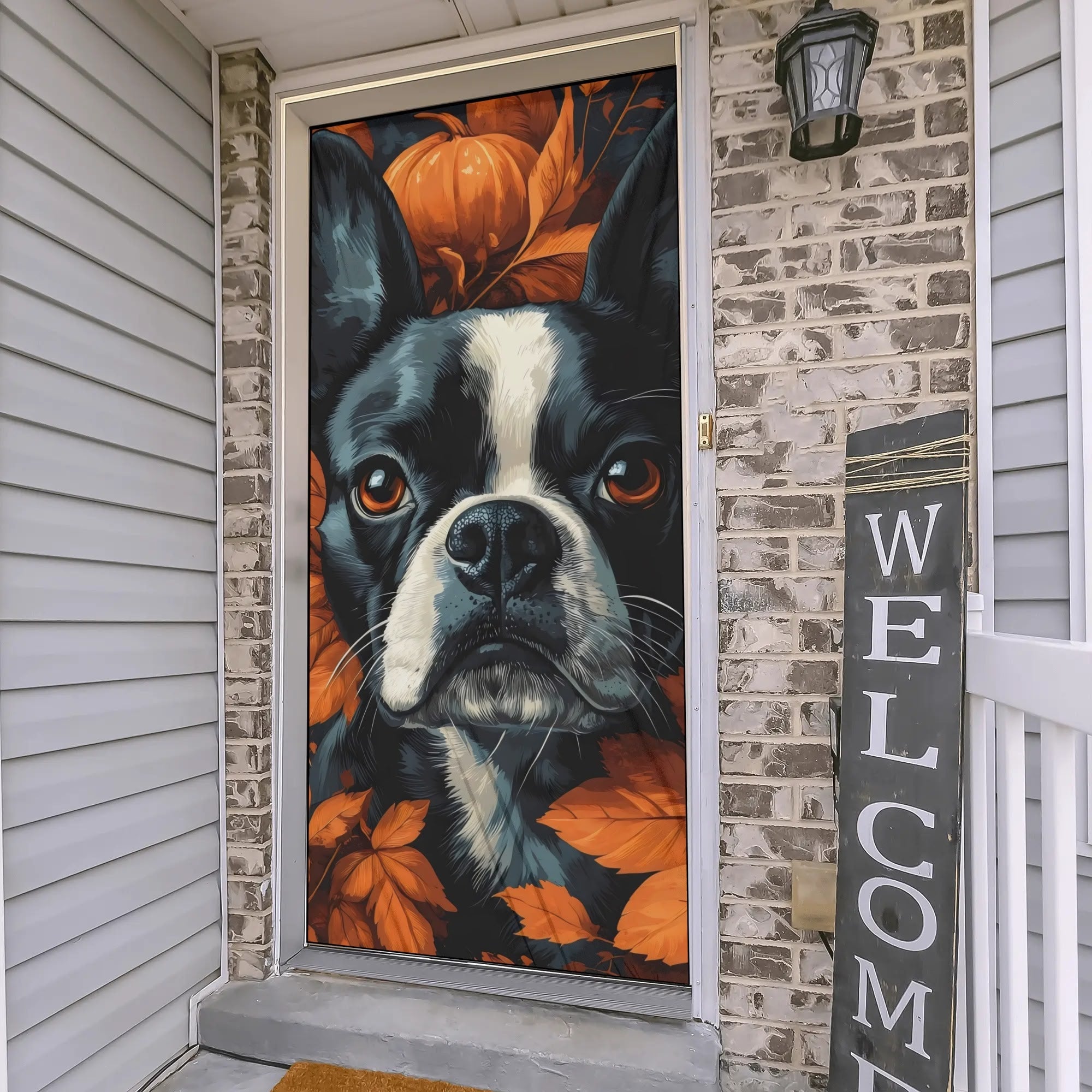 Autumnal Pumpkin Boston Terrier Dog Face Polyester Door Socks