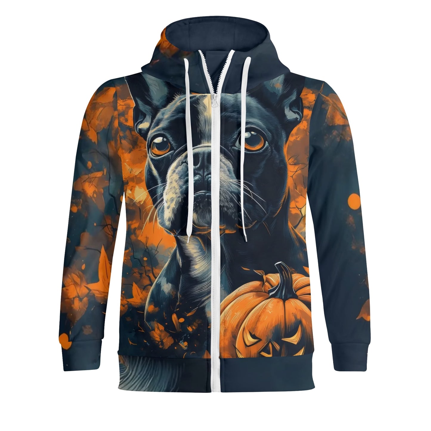 Halloween Pumpkin Boston Terrier Dog Adult Full Zip Turtleneck Hoodie Streetwear