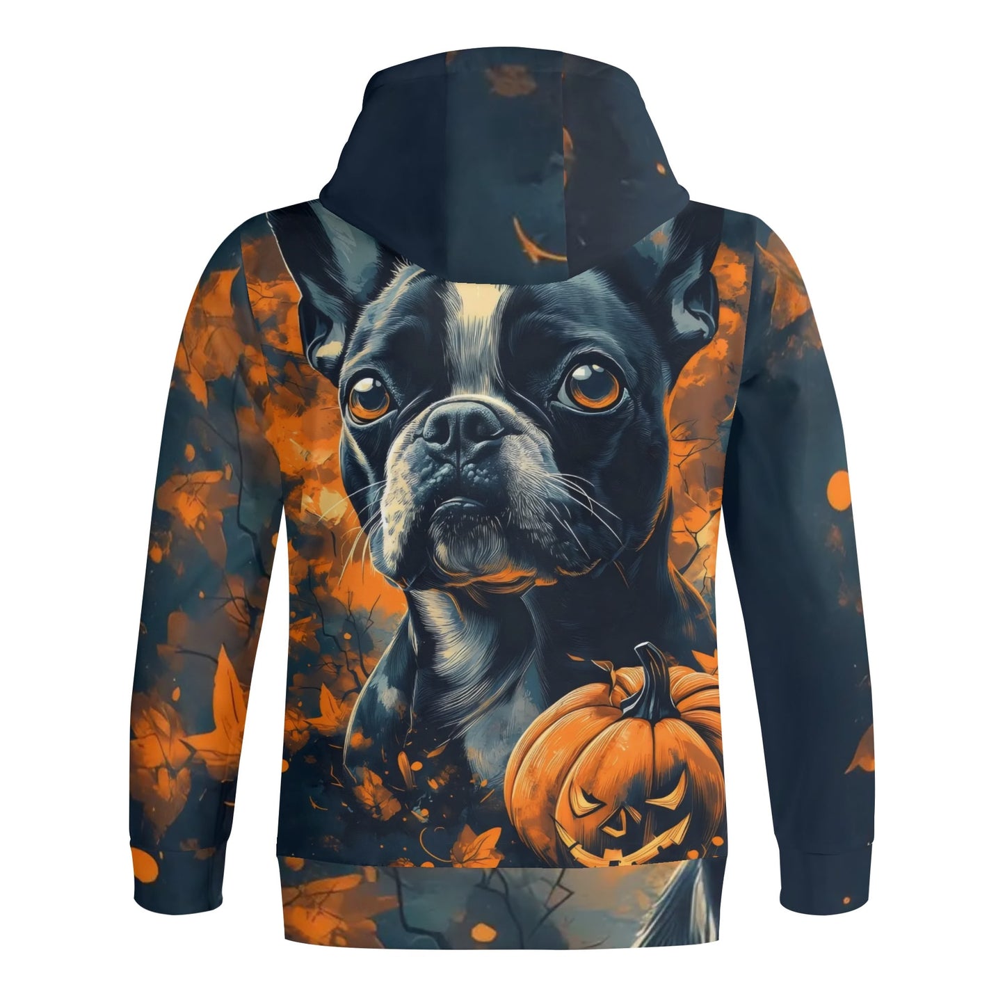 Halloween Pumpkin Boston Terrier Dog Adult Full Zip Turtleneck Hoodie Streetwear