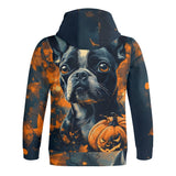 Halloween Pumpkin Boston Terrier Dog Adult Full Zip Turtleneck Hoodie Streetwear