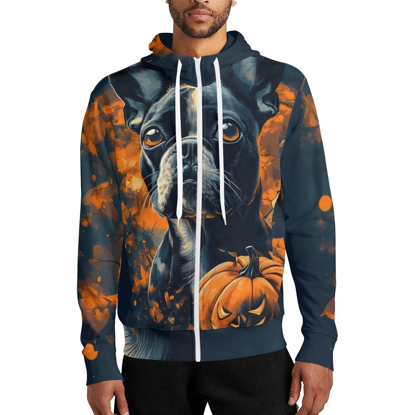 Halloween Pumpkin Boston Terrier Dog Adult Full Zip Turtleneck Hoodie Streetwear