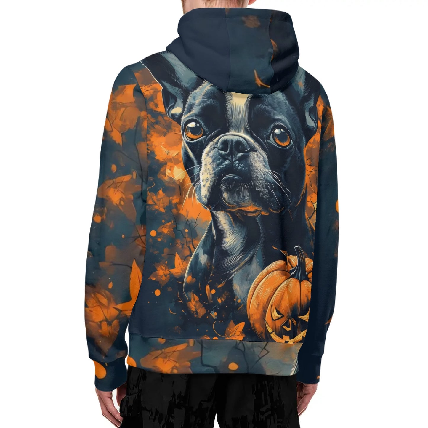 Halloween Pumpkin Boston Terrier Dog Adult Full Zip Turtleneck Hoodie Streetwear