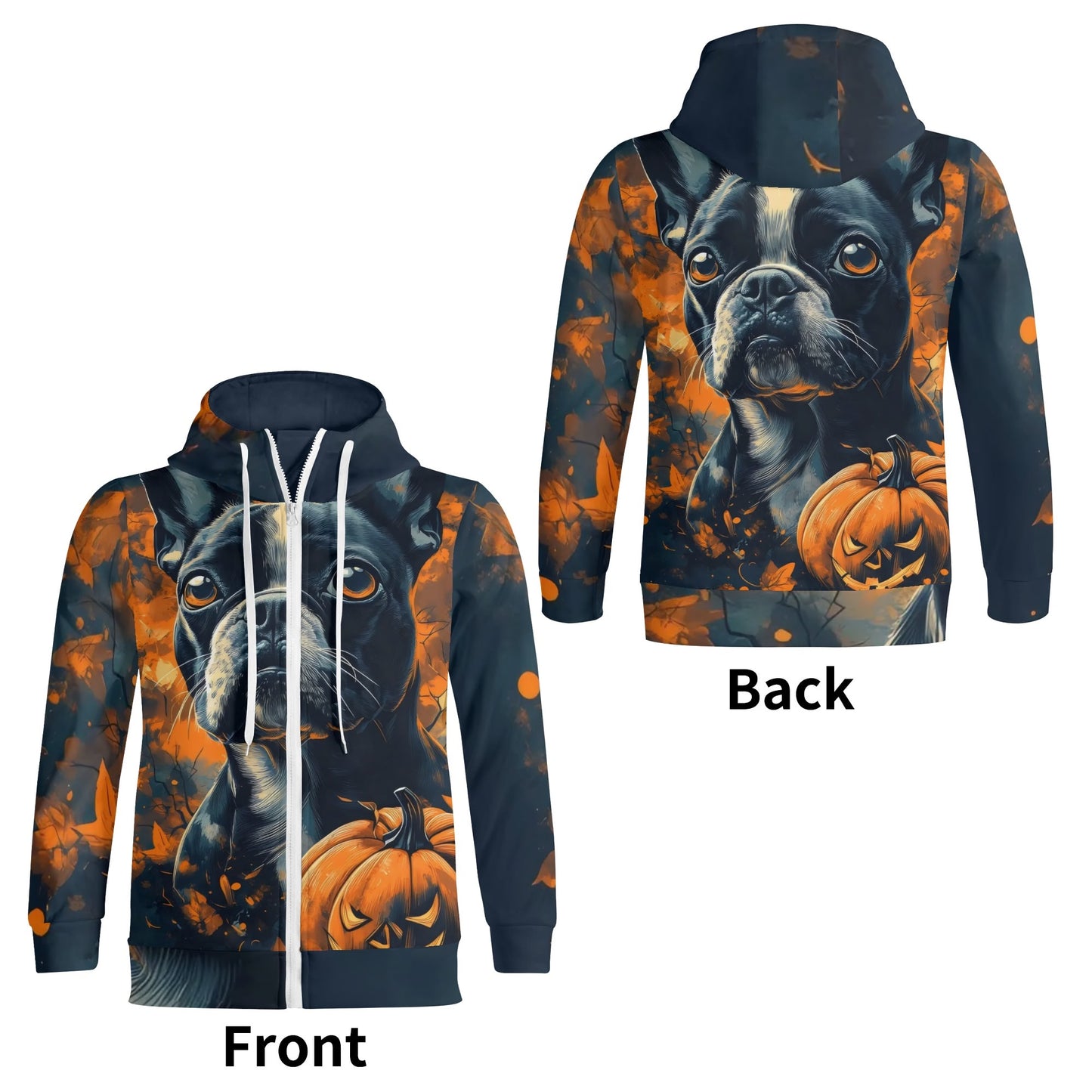 Halloween Pumpkin Boston Terrier Dog Adult Full Zip Turtleneck Hoodie Streetwear