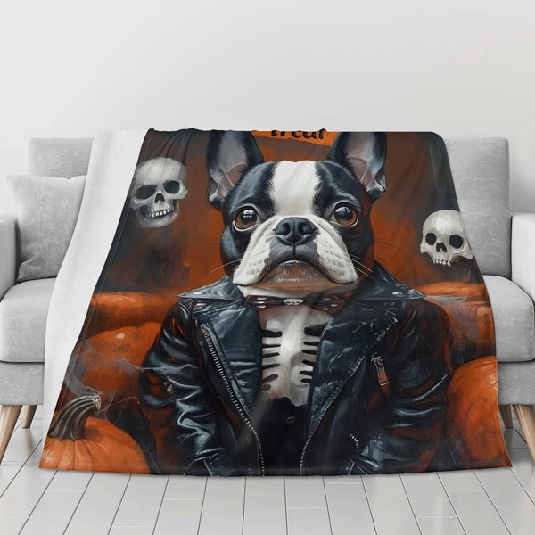 Halloween Boston Terrier Trick or Treat Flannel Blanket