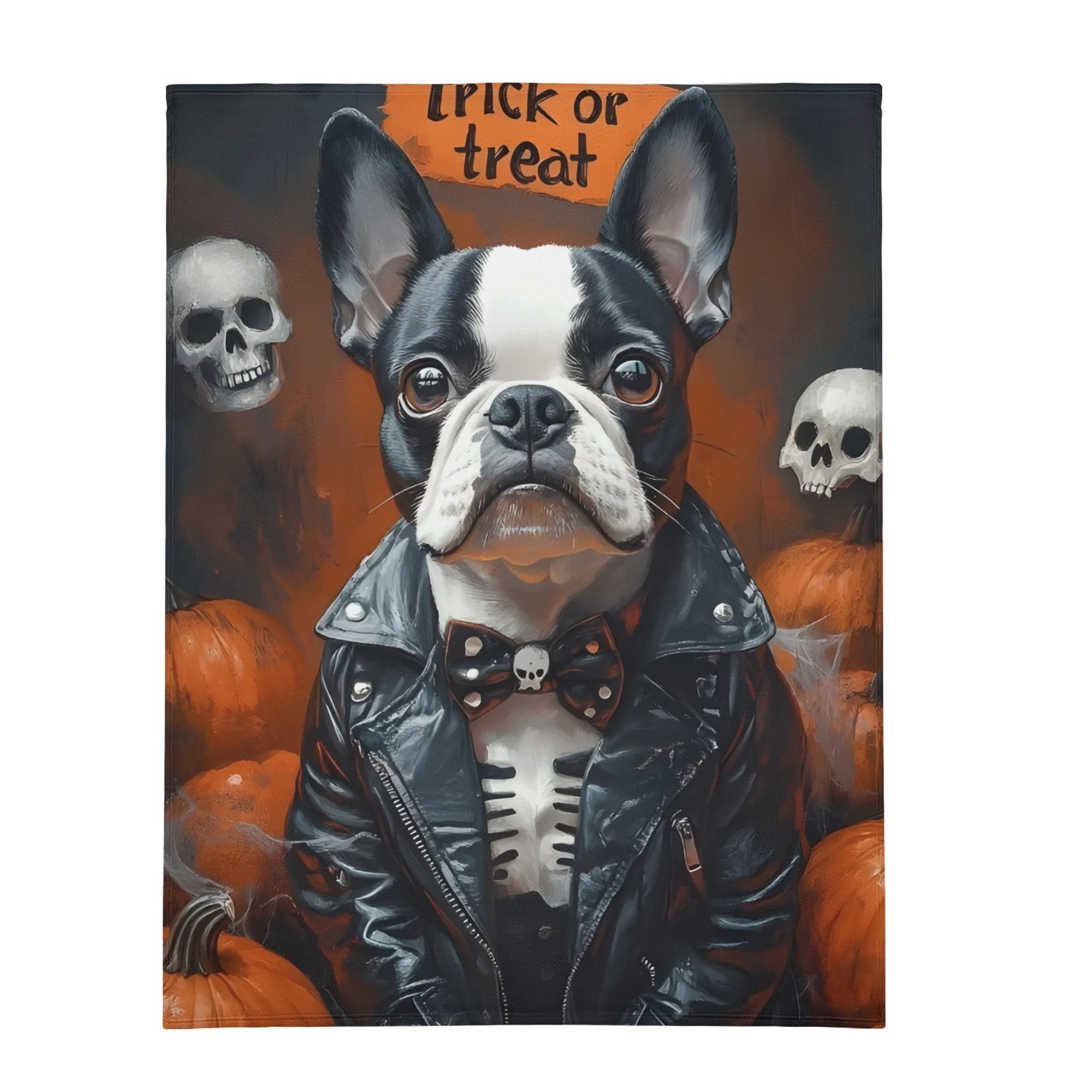 Halloween Boston Terrier Trick or Treat Flannel Blanket