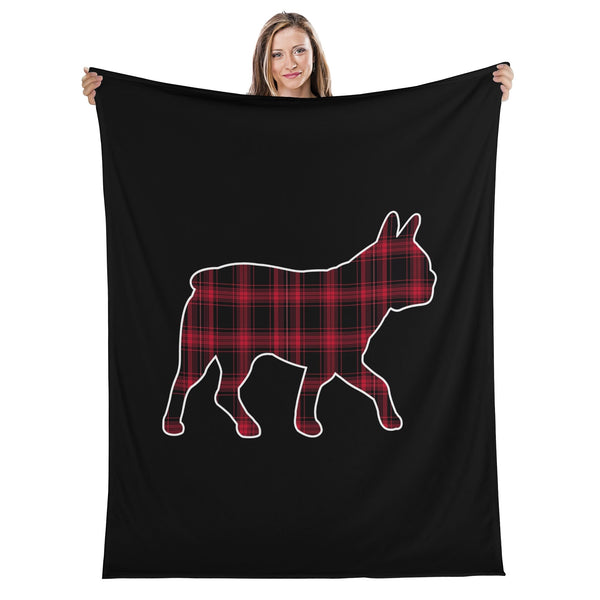 Black and Red Plaid Boston Terrier Silhouette Flannel Blanket - 4 Sizes