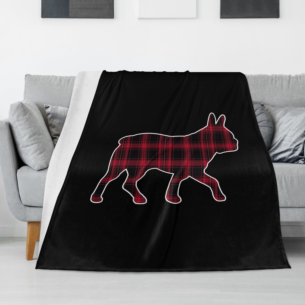 Black and Red Plaid Boston Terrier Silhouette Flannel Blanket - 4 Sizes