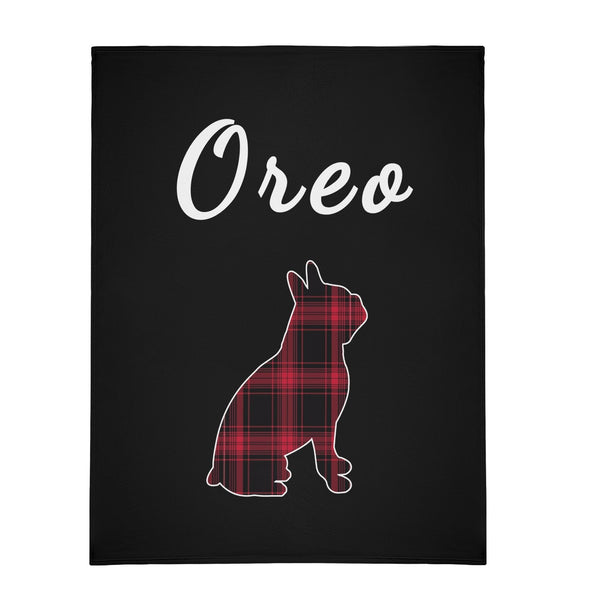 Personalized Boston Terrier Flannel Blanket - 4 Sizes - Red Plaid Dog Silhouette with Name