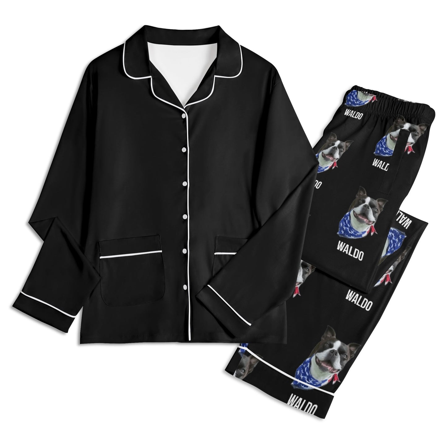Custom Dog Portrait Unisex Long Sleeve Adult Nightwear Pajama Set Using Dog Photo and Name